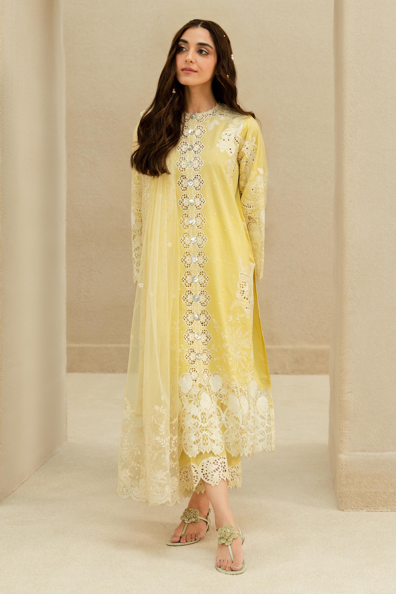 Stitched Light Yellow Embroidered Shirt + Culotte + Dupatta